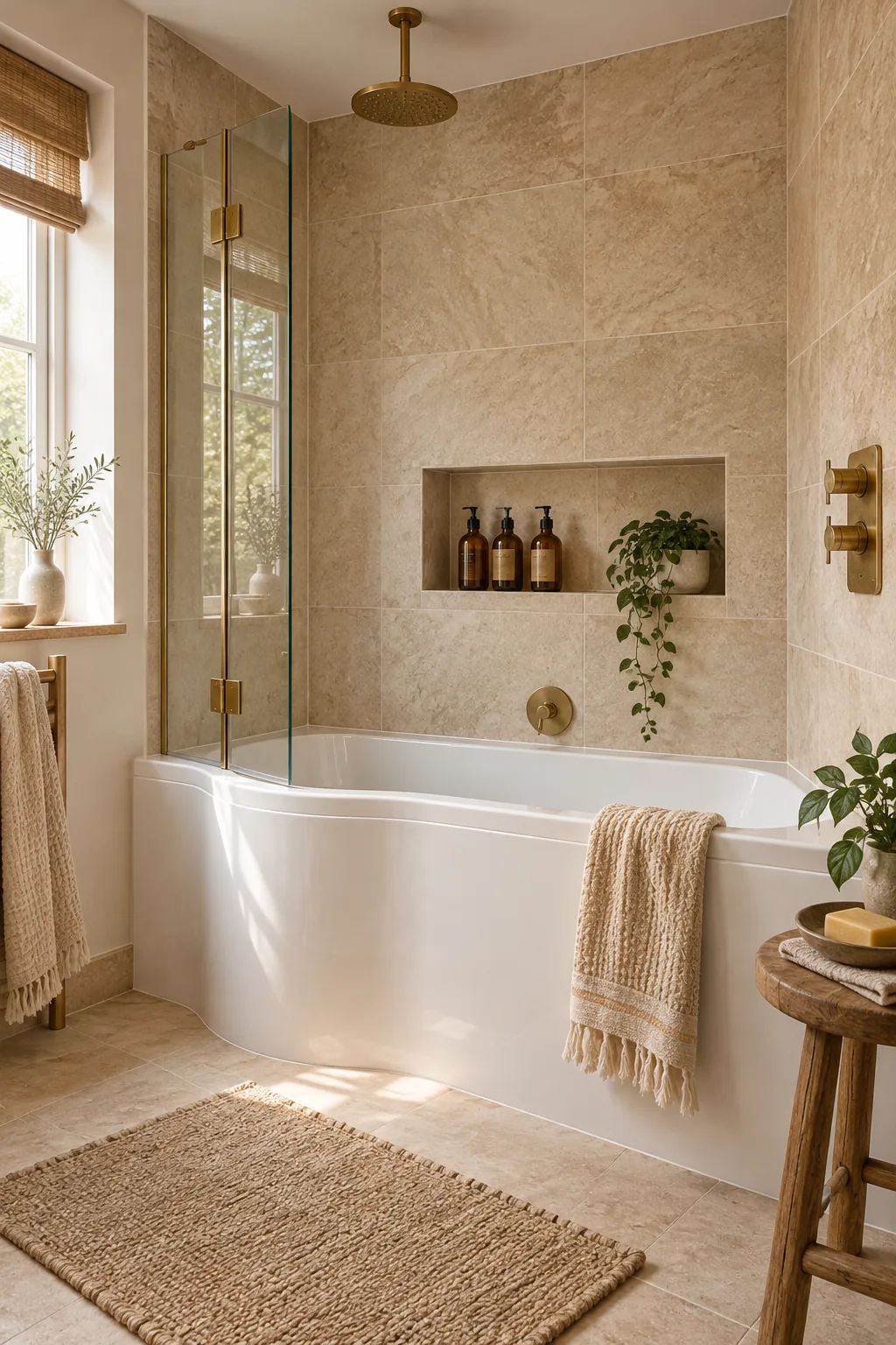A tiled recessed wall niche above a bathtub, holding amber soap bottles and a small plant.