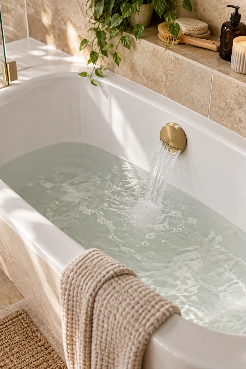 Water flowing from a brushed brass overflow bath filler integrated into the side of a white bathtub.