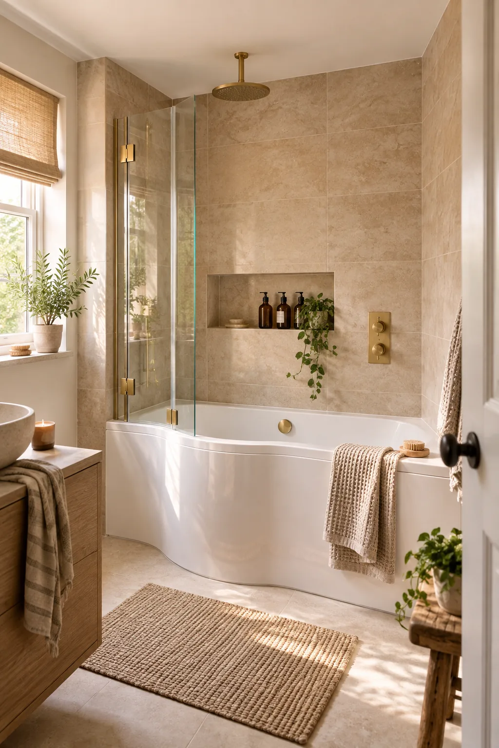 A perfectly proportioned small bathroom featuring a P-shaped tub, glass screen, tiled niche, and brass fixtures.