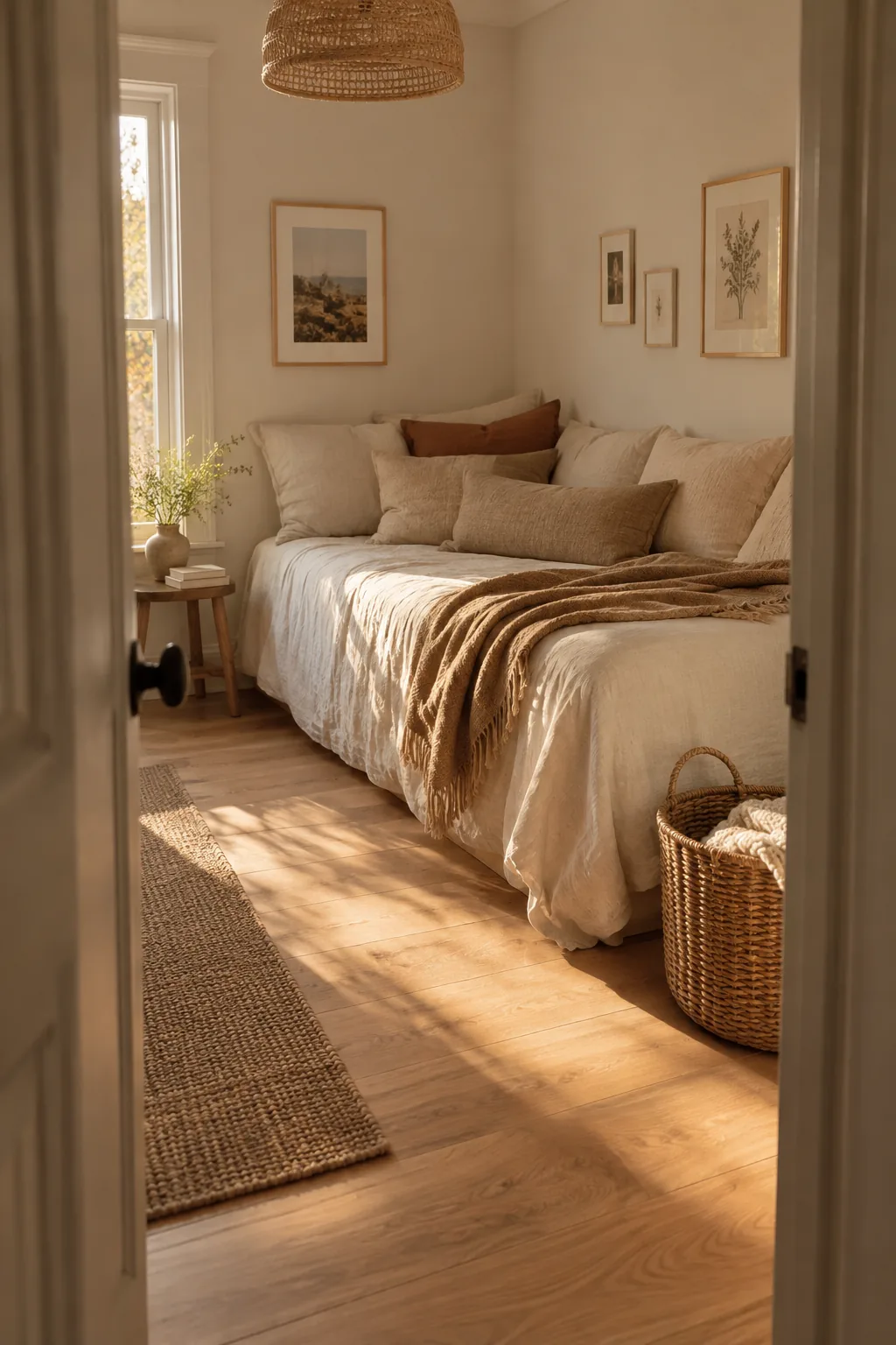 Bed pushed into the corner of a small room with pillows lined against the wall