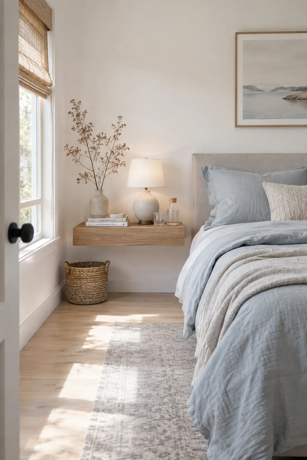 Floating wooden nightstand attached to a white wall next to a bed