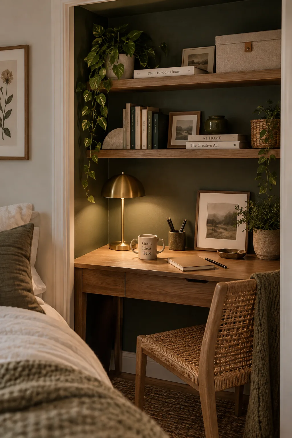 Small desk built into an open closet space with shelves above