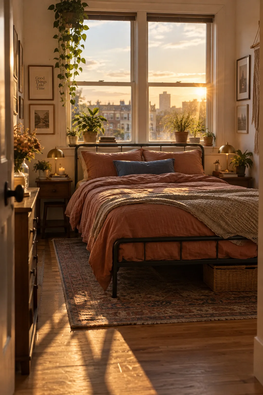 Low profile bed centered perfectly in front of a large bedroom window