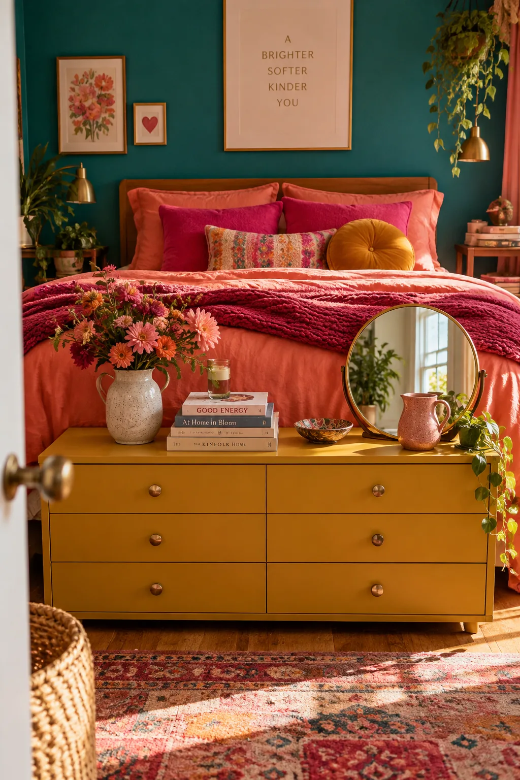 Low wooden dresser placed directly against the footboard of a bed