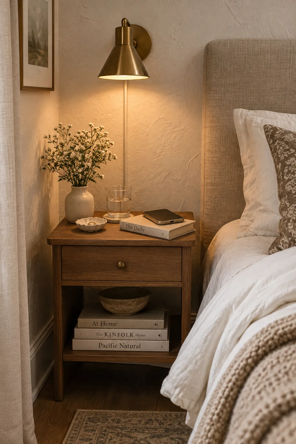 Plug-in brass wall sconces mounted above small bedside tables