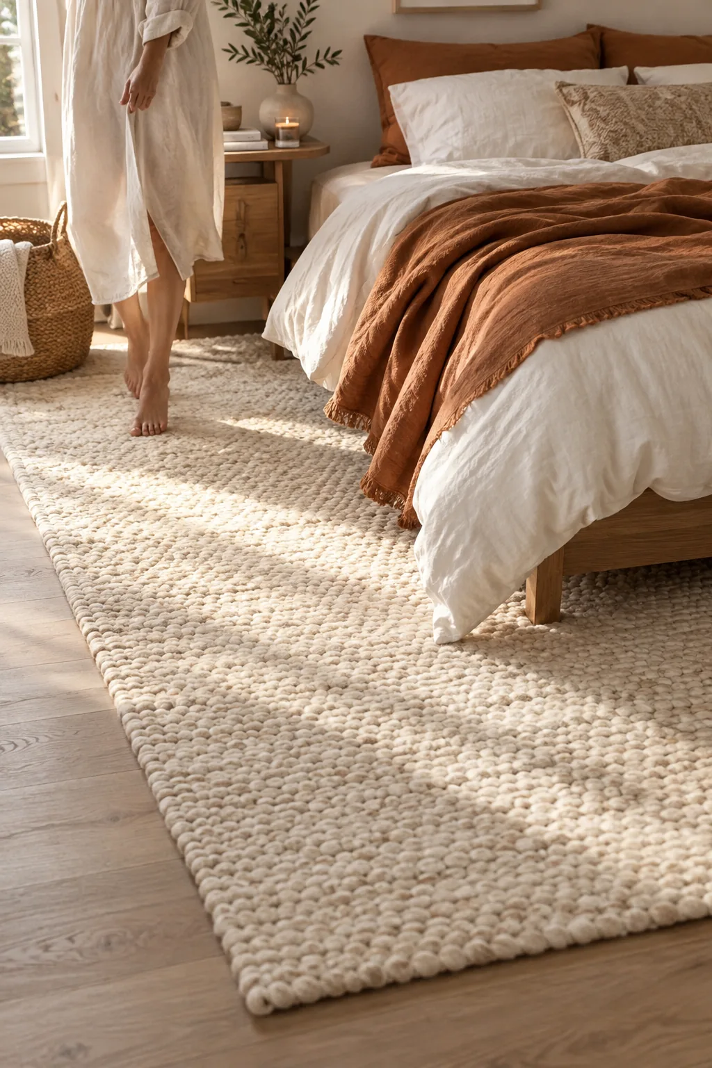Large area rug placed under the bottom two-thirds of a bed