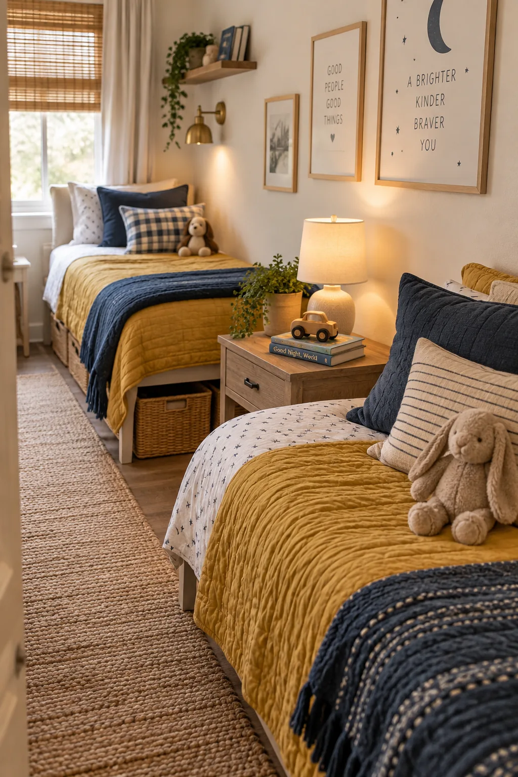 Two twin beds arranged end-to-end along a single wall with a small table between them