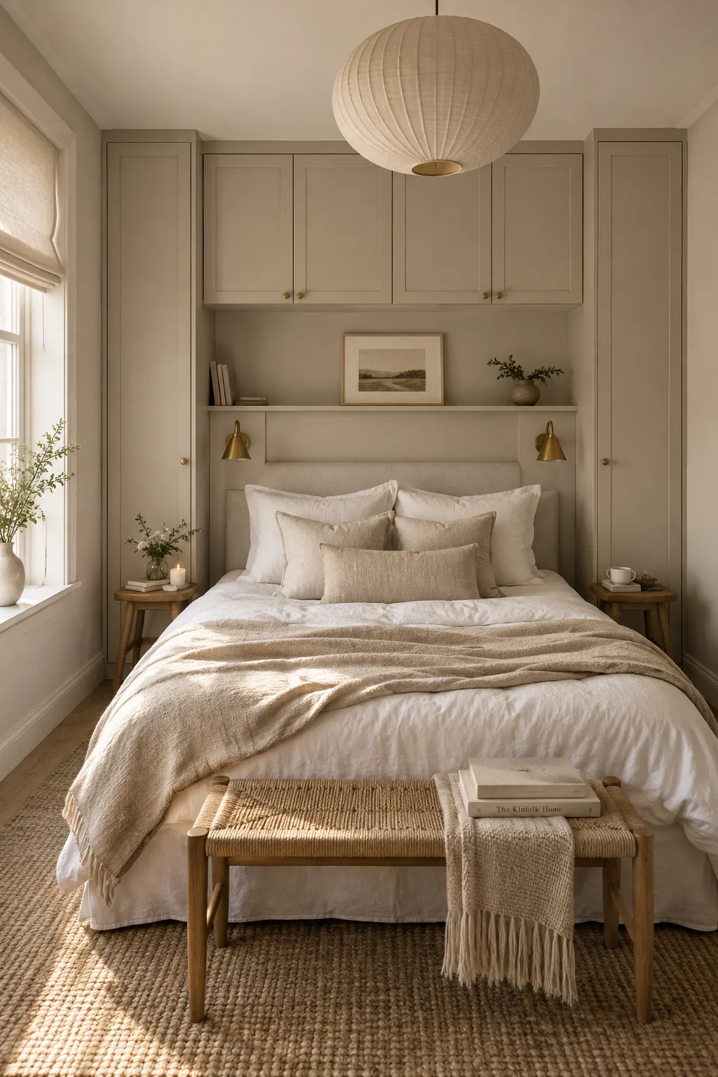 Bed framed by tall built-in wardrobes painted the same color as the walls
