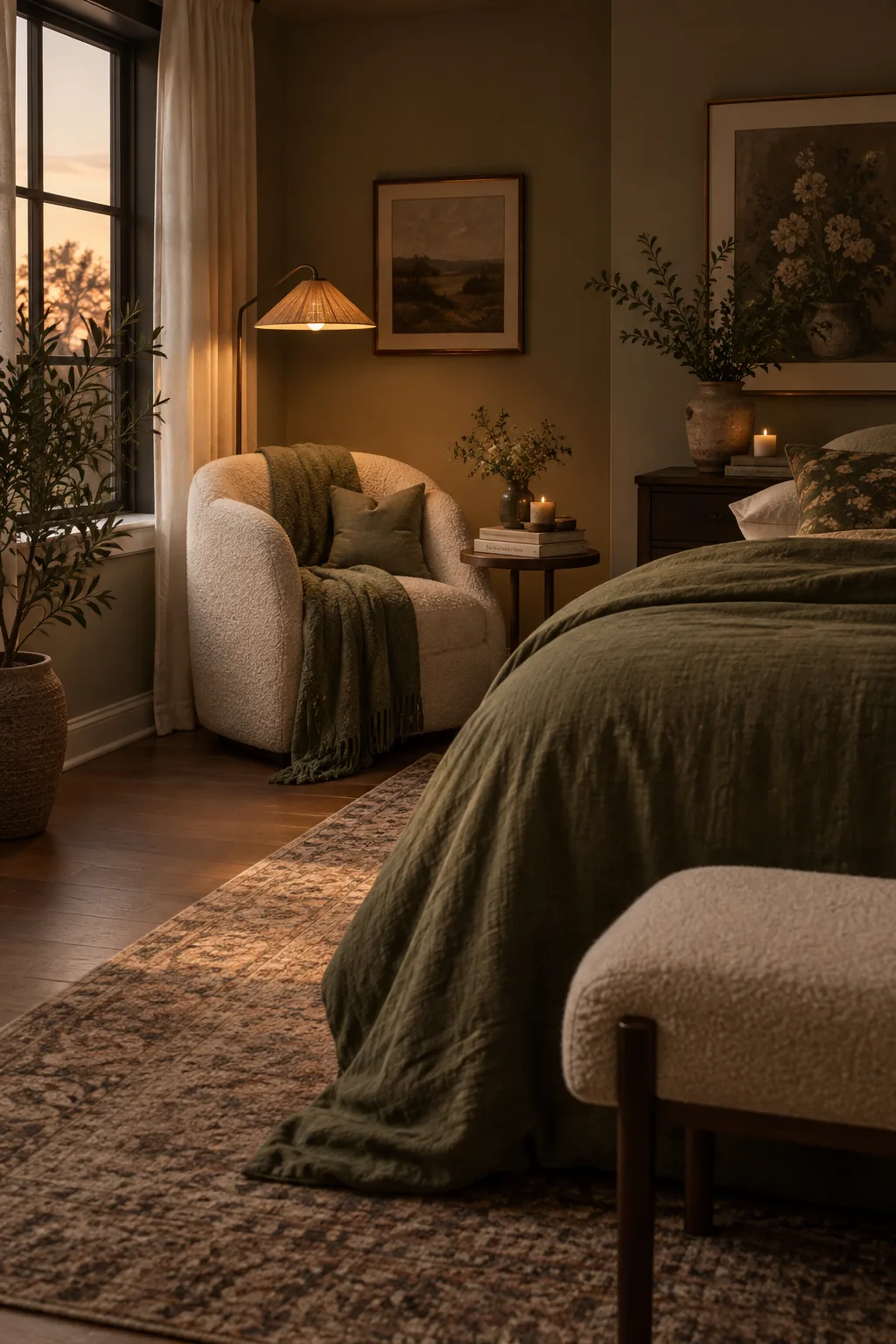 Small upholstered chair angled in the corner of a bedroom next to a window