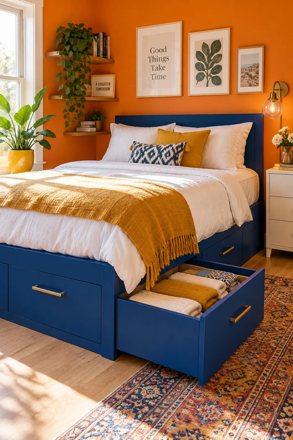 Wooden platform bed with large built-in storage drawers underneath