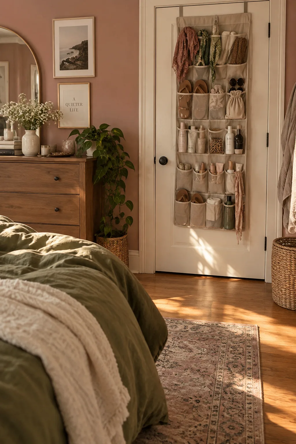 Over-the-door storage rack holding accessories on the back of a white bedroom door
