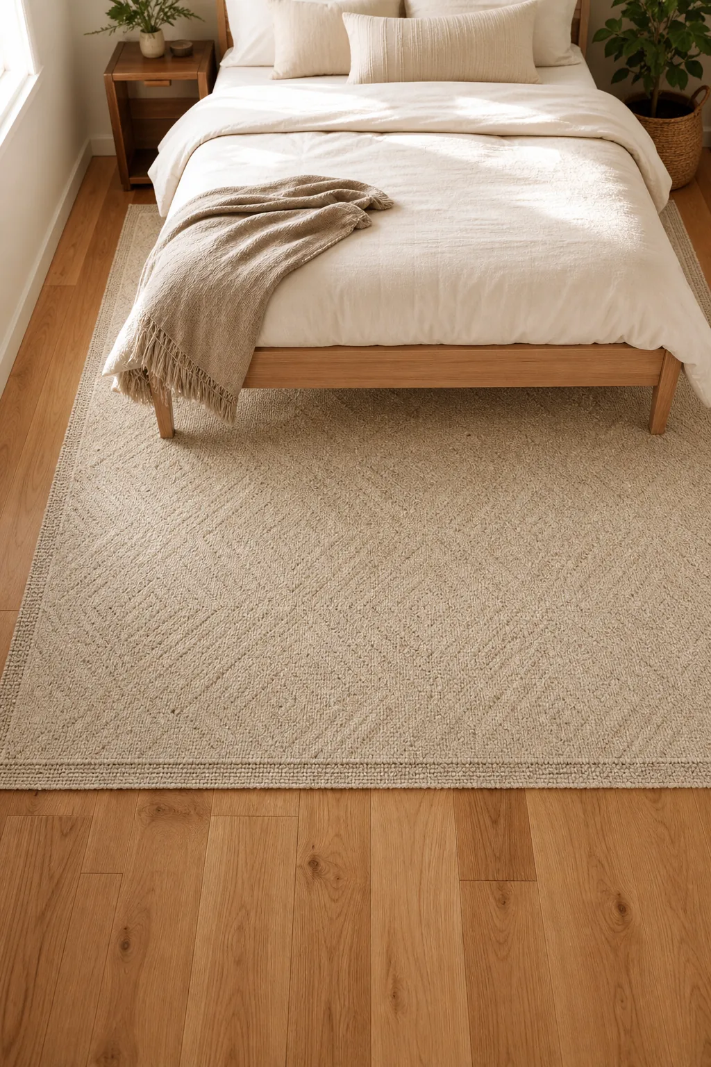 Elevated view of a bedroom floor showing a textured rug surrounded by a wide border of exposed wood flooring.