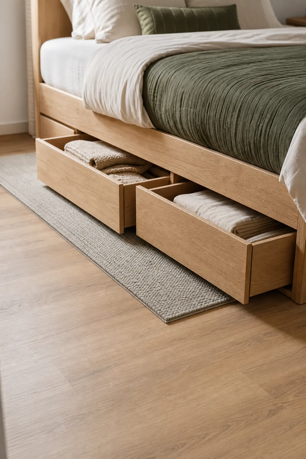 Overhead shot of the foot of a bed with a rug extending underneath, leaving bare floor in the foreground.