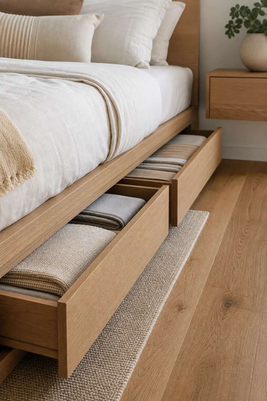 Close-up of flush wooden drawers built into a bed base, slightly open to show folded linens.