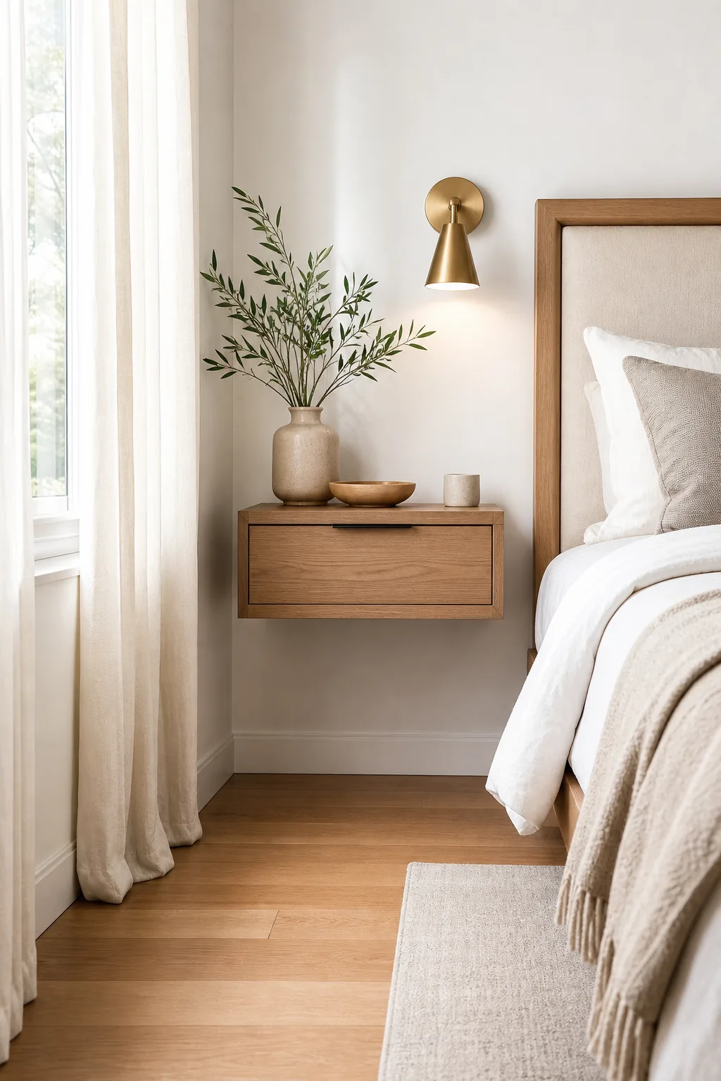 A wall-mounted wooden nightstand beside a bed, with clear floor space visible underneath.