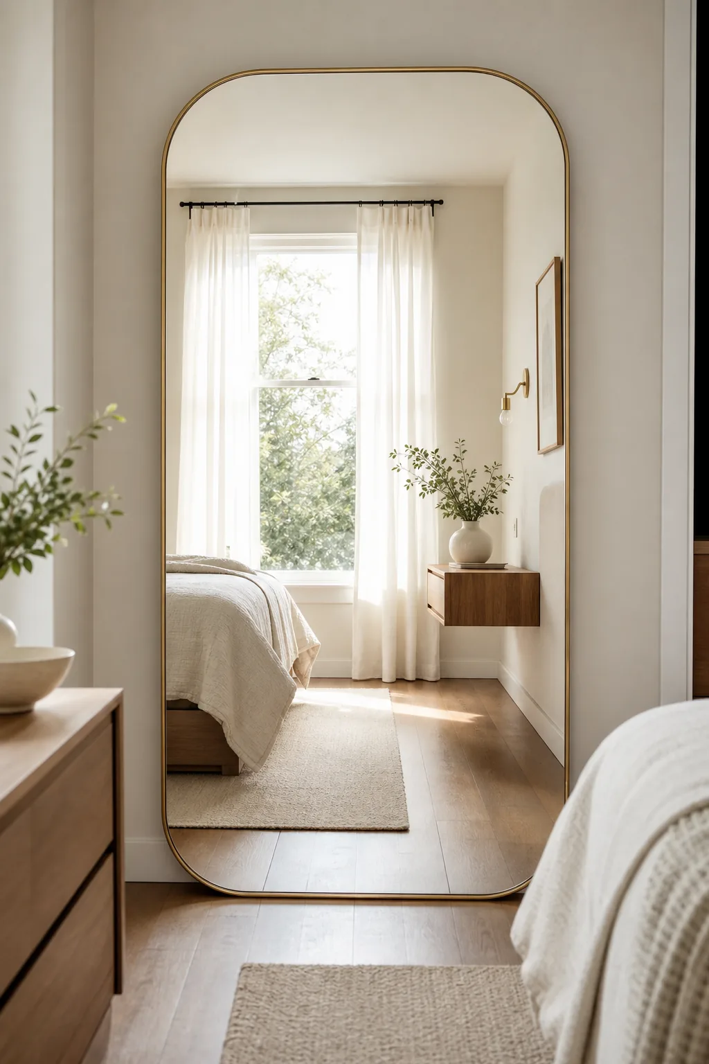 A large wall mirror in a bedroom reflecting natural light from a nearby window.