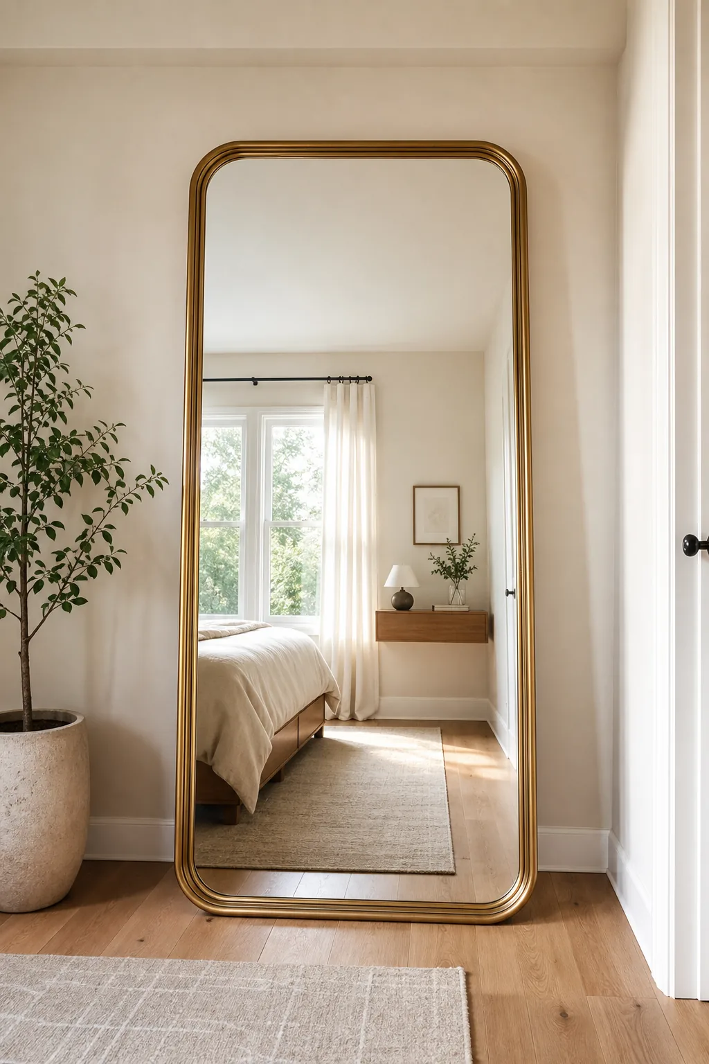 A large brass-framed floor mirror leaning against a bedroom wall next to a small potted plant.