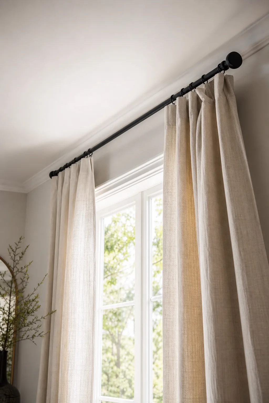 Upward view of a curtain rod mounted just below the ceiling, with long linen curtains hanging down.