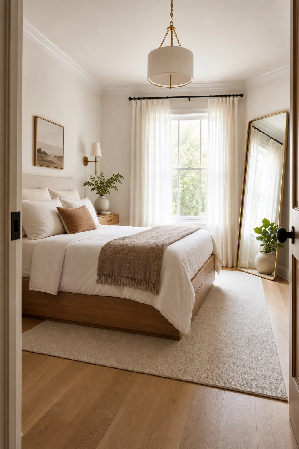 Wide view from a doorway of a well-arranged small bedroom with high curtains, a floating nightstand, and a large mirror.