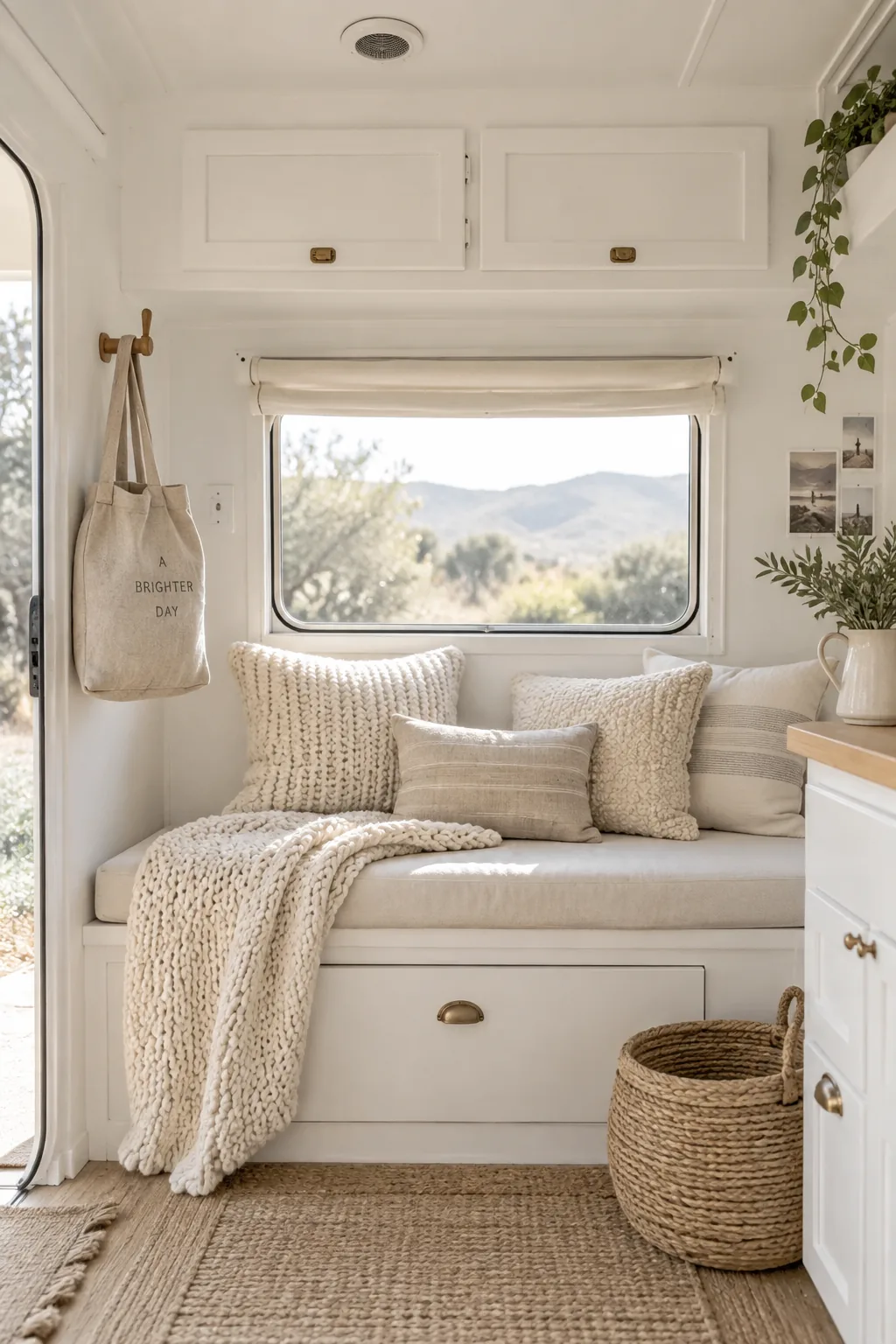 Interior of a small camper painted entirely in crisp white with textured throw pillows on the bed