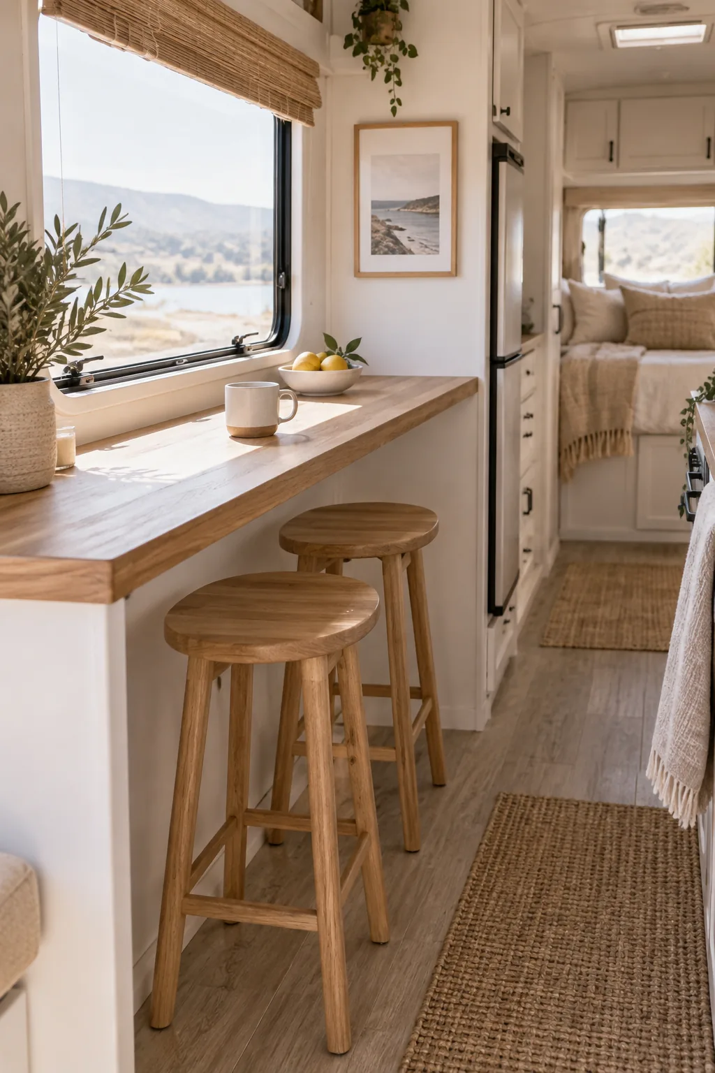 A narrow wooden breakfast bar with two stools replacing a standard RV dinette