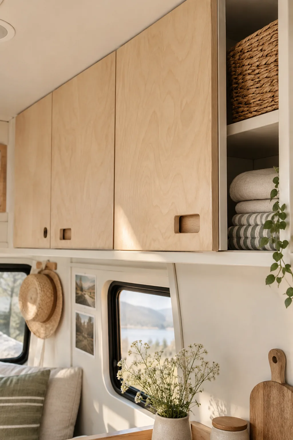 Custom white upper cabinets in a camper reaching all the way to the ceiling
