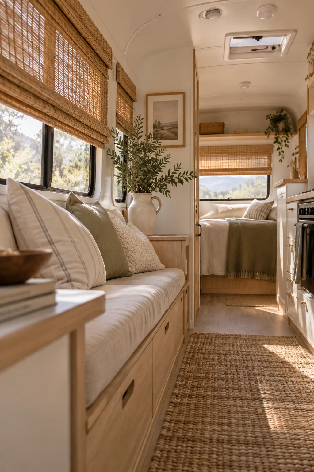 Camper windows featuring natural woven wood roman shades pulled up tightly