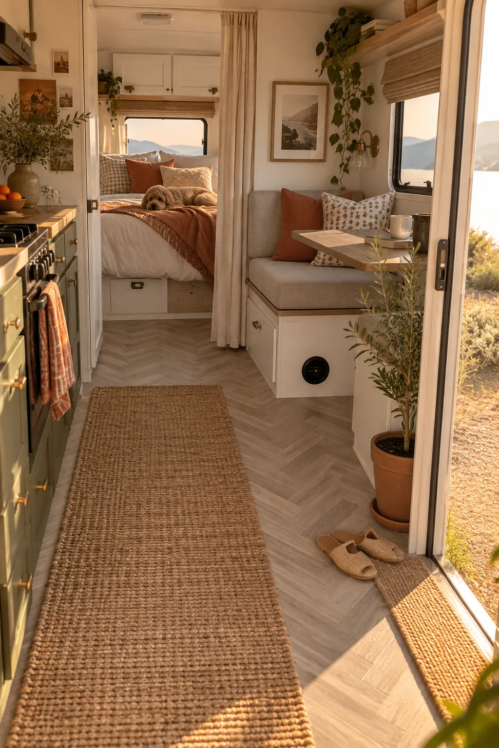 Installing modern patterned peel-and-stick vinyl tiles over old camper flooring