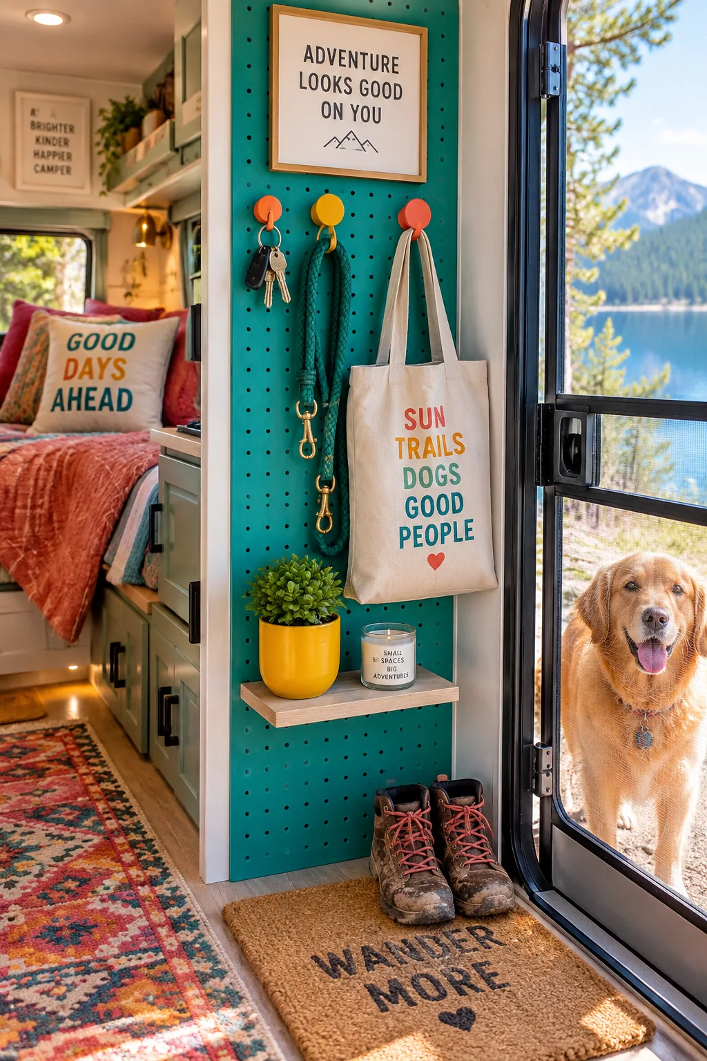 A wooden pegboard panel mounted next to a camper door holding keys, hats, and a plant