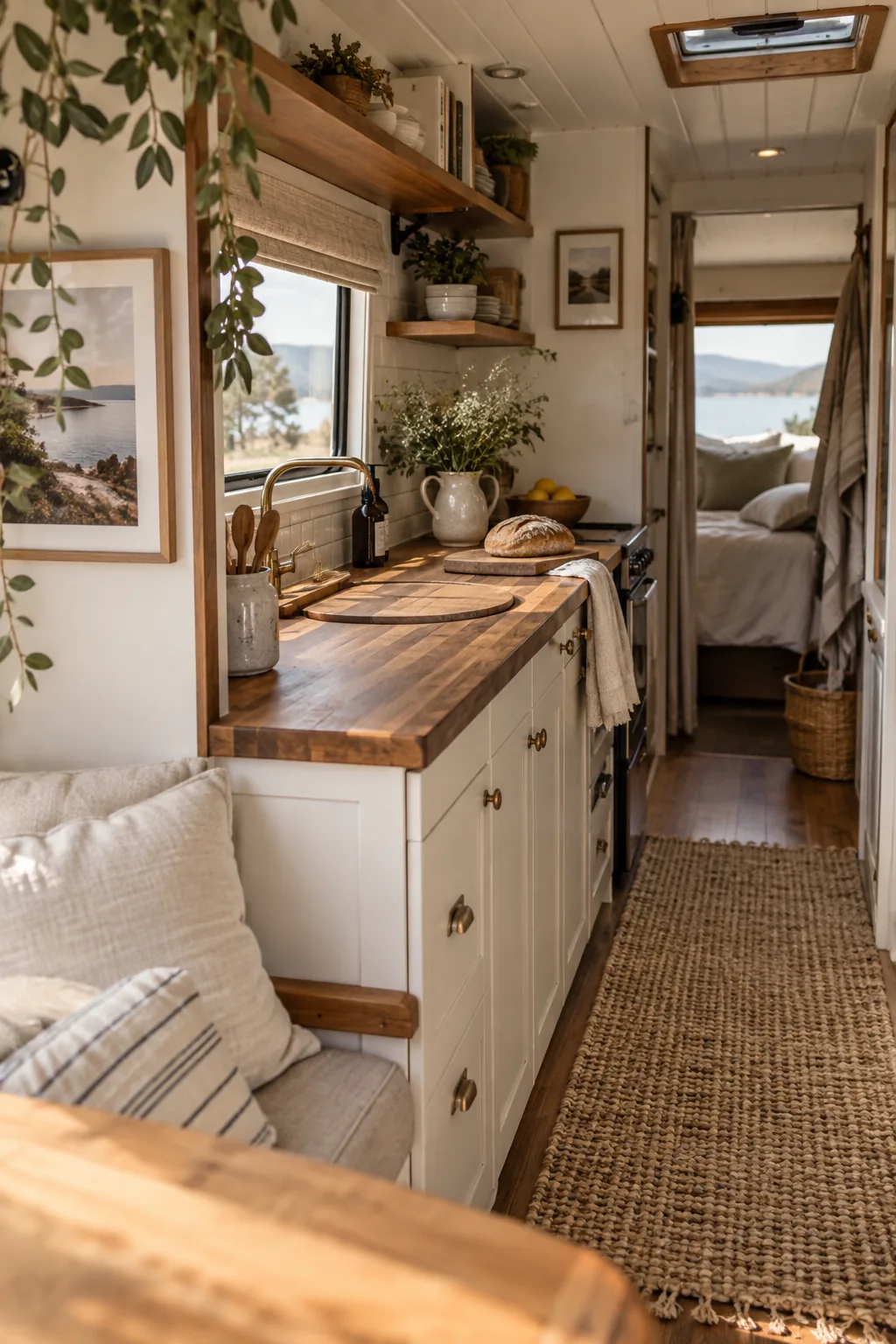 A small camper kitchen featuring rich butcher block countertops and a matching sink cover