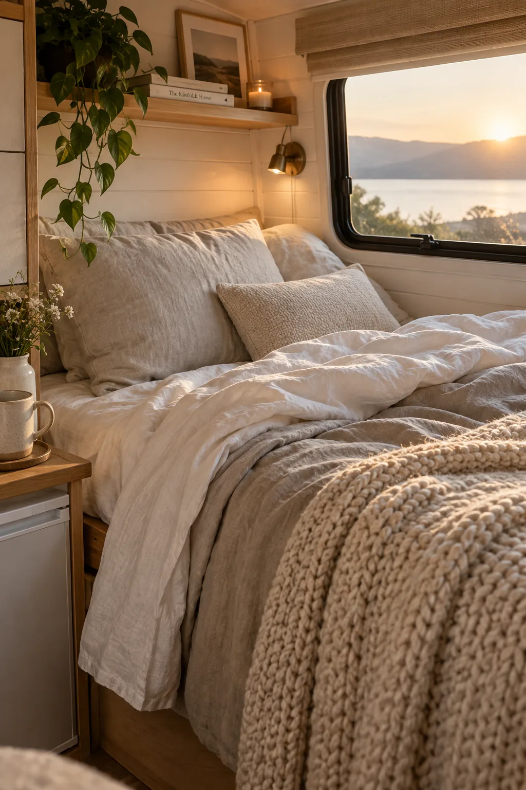 A cozy camper bed layered with a thick topper and rumpled linen bedding