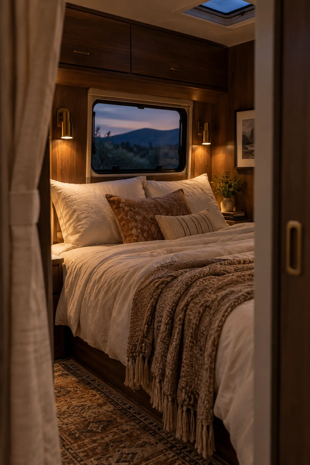 Sleek brass 12-volt sconces mounted above a camper bed