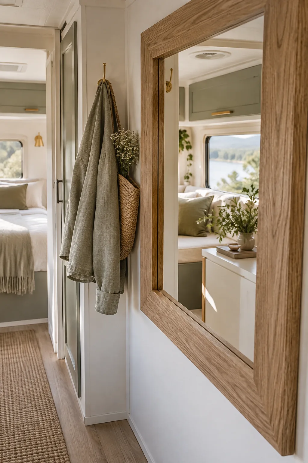 A large framed mirror securely mounted on a camper wall reflecting the window light