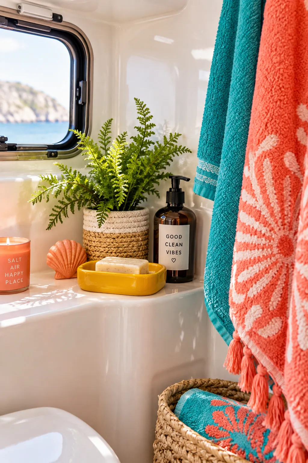 A tiny camper bathroom with a freshly painted glossy white shower surround