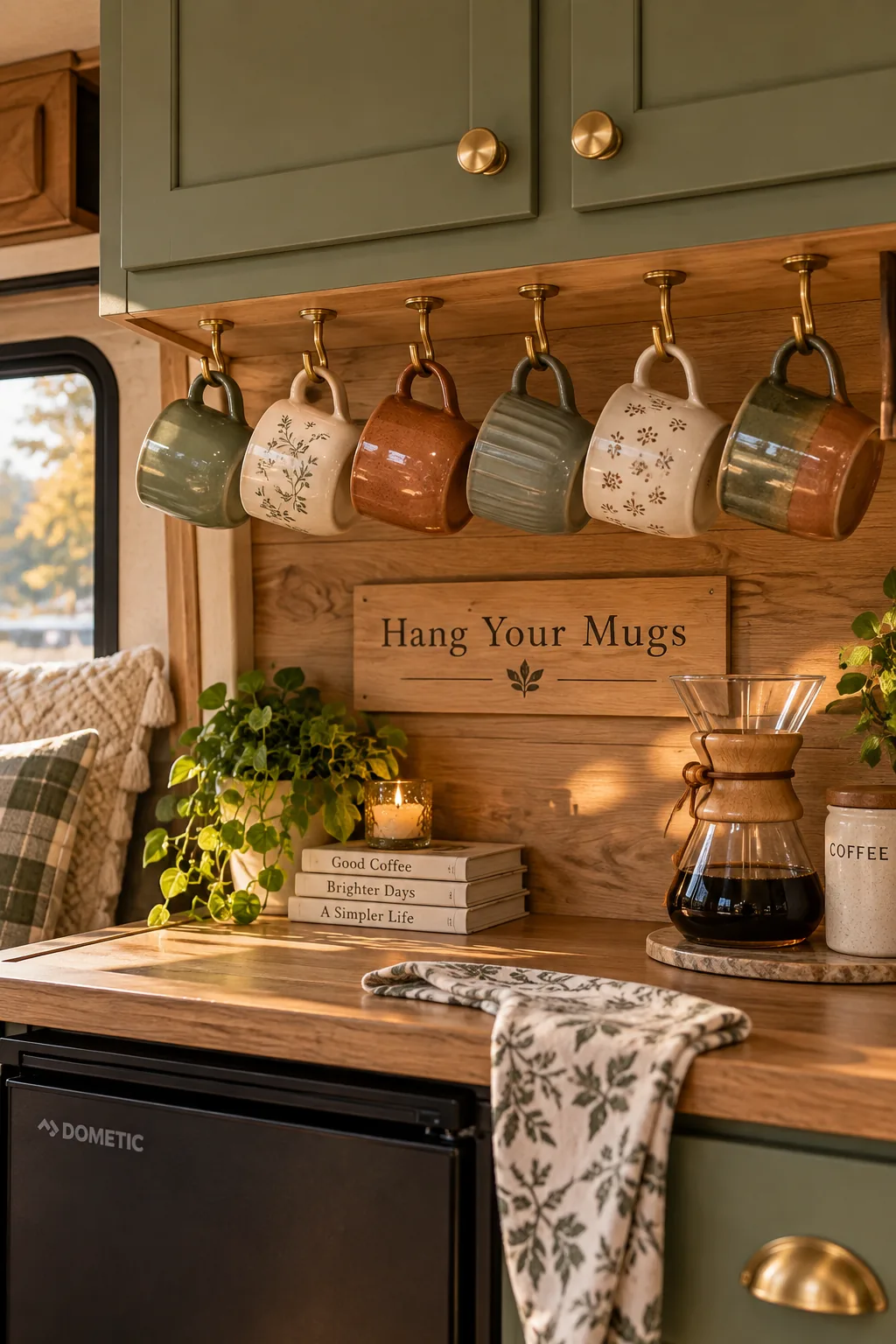 Coffee mugs hanging from small metal hooks screwed under a camper kitchen cabinet