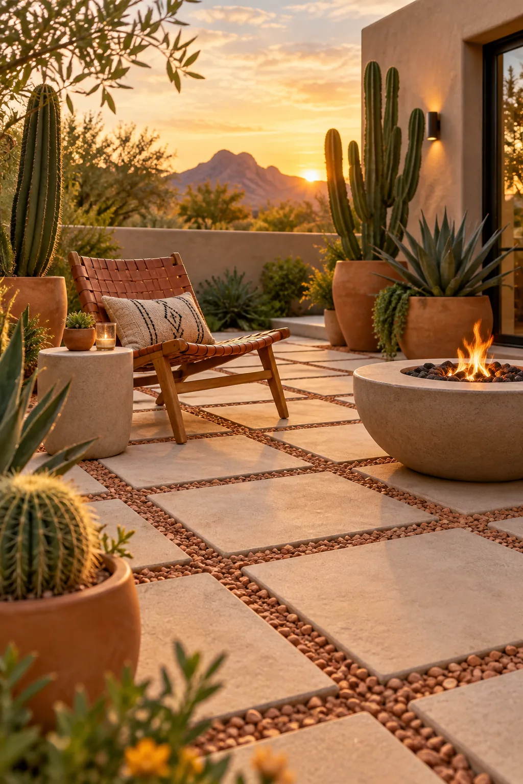 Desert modern patio with sand-colored pavers and terracotta stone gaps.