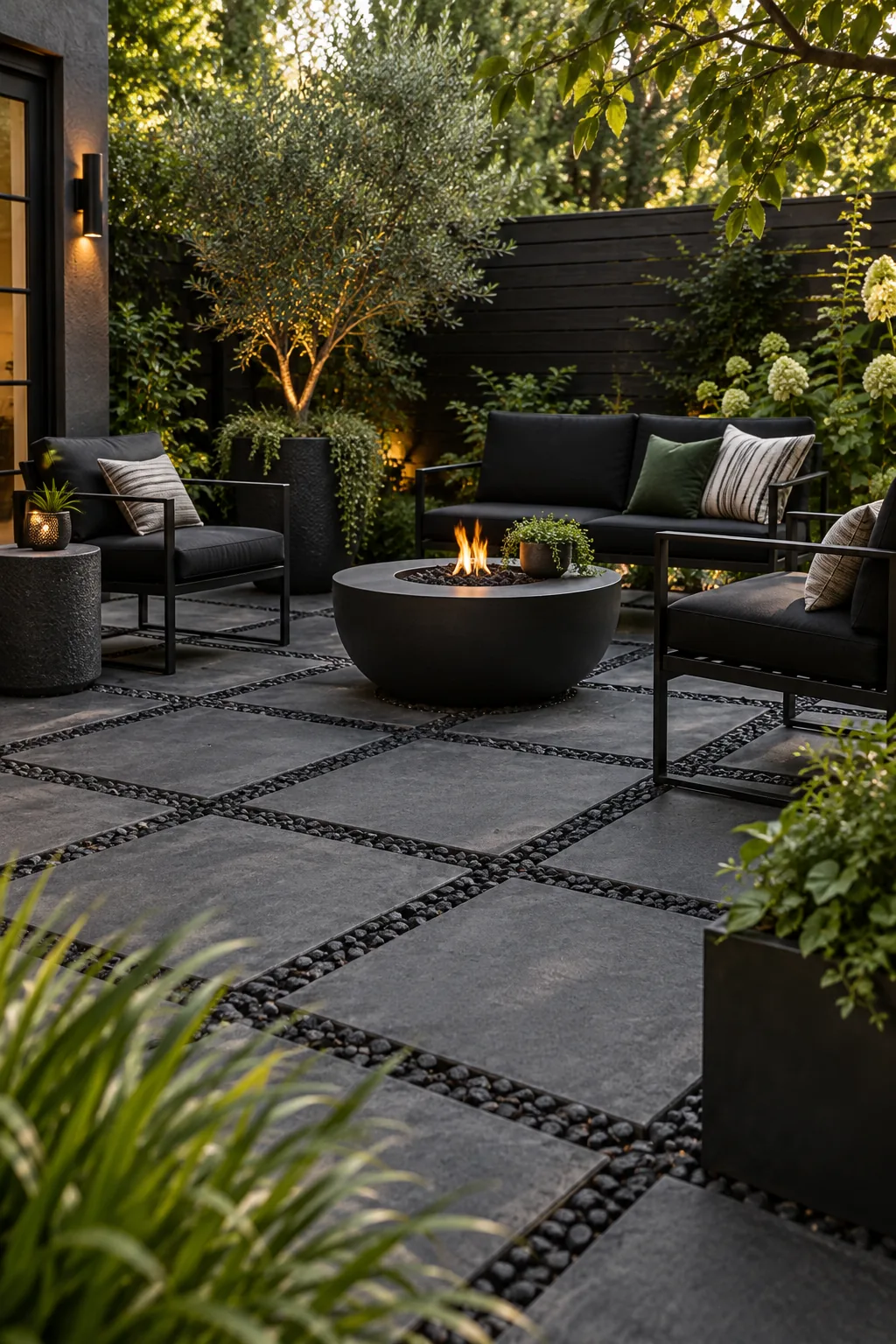 Moody patio with charcoal pavers and black crushed stone gaps.