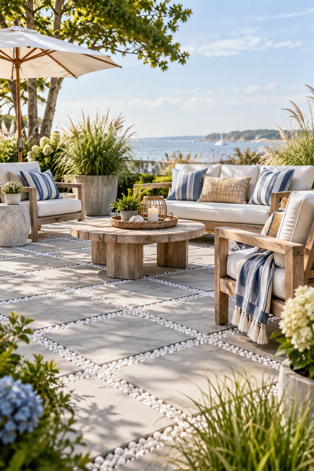 Coastal patio with light gray pavers and white crushed limestone gaps.