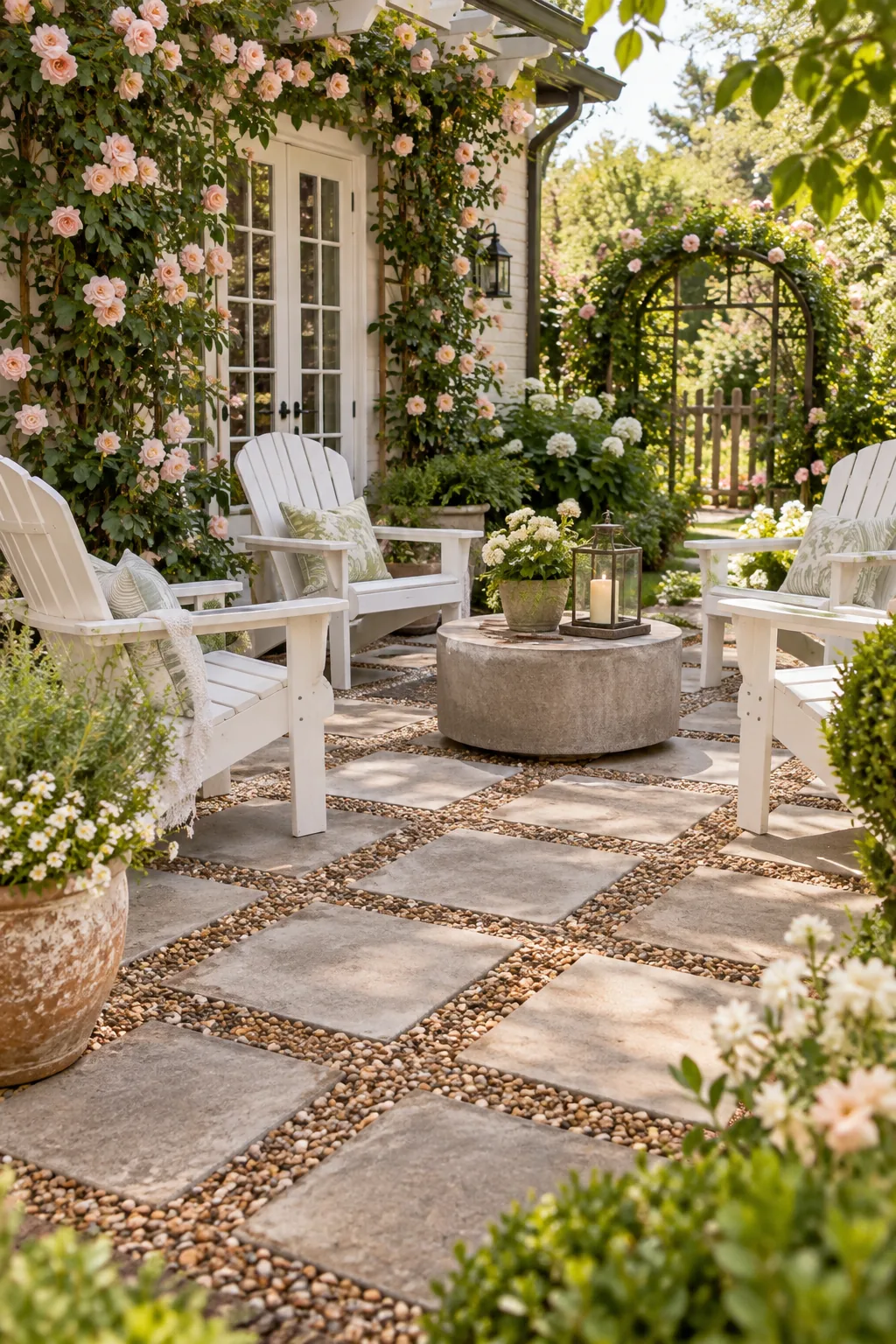 English garden patio with weathered pavers and mixed-brown stone gaps.