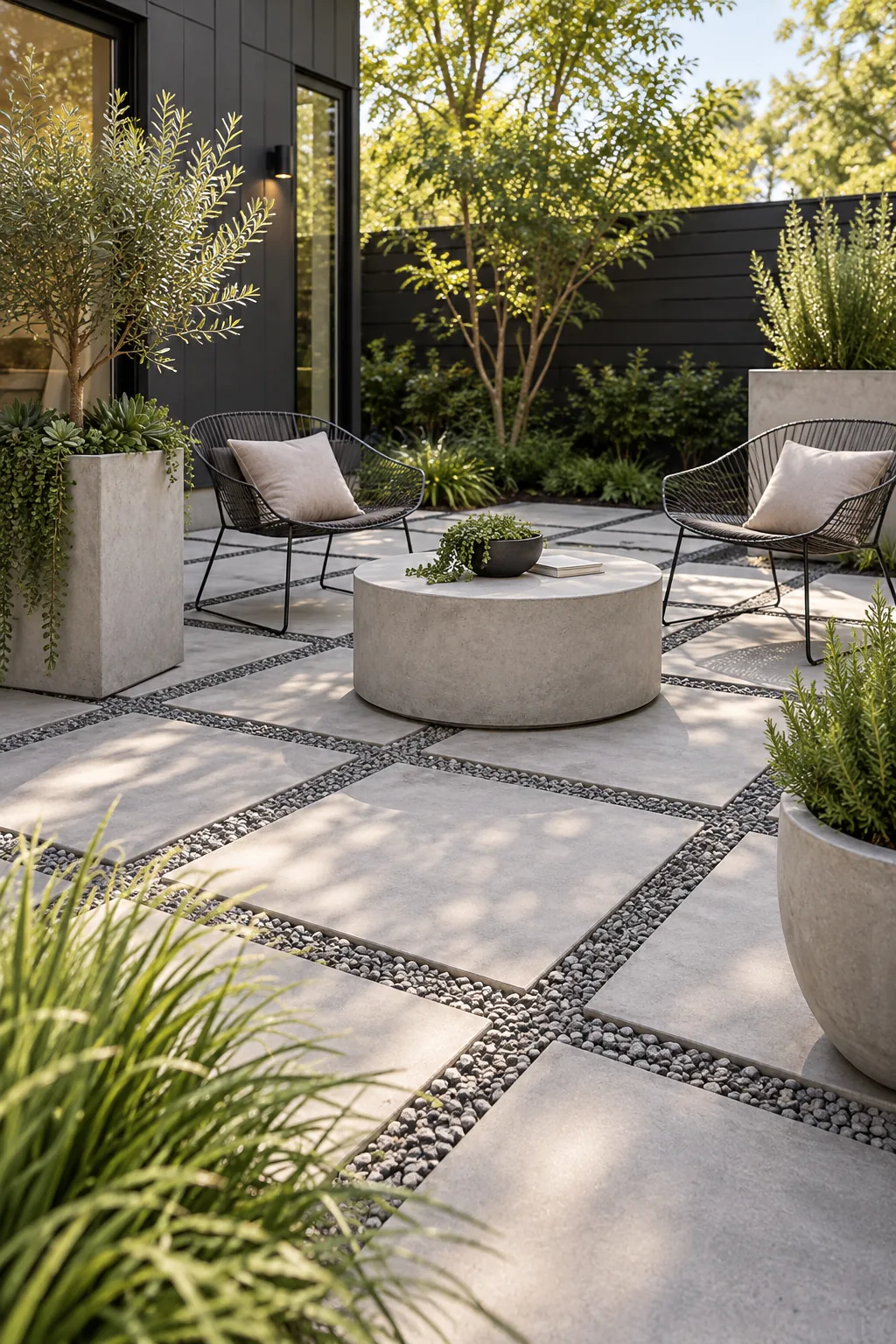 Urban minimalist patio with gray pavers and matching gray stone gaps.