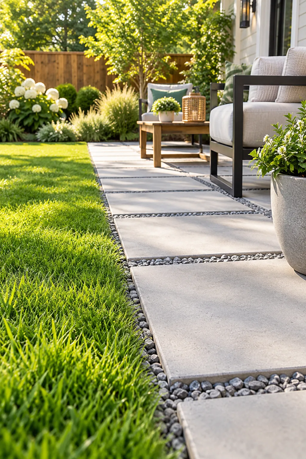 Edge of a paver patio sitting perfectly level with a lush green lawn.