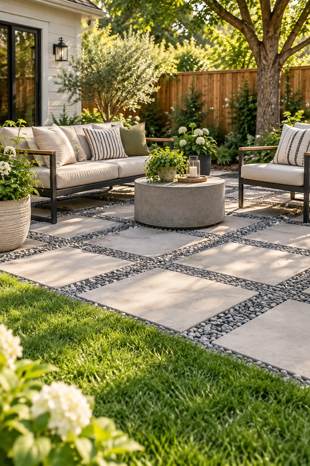 Crisp boundary line between crushed patio stone and green grass.