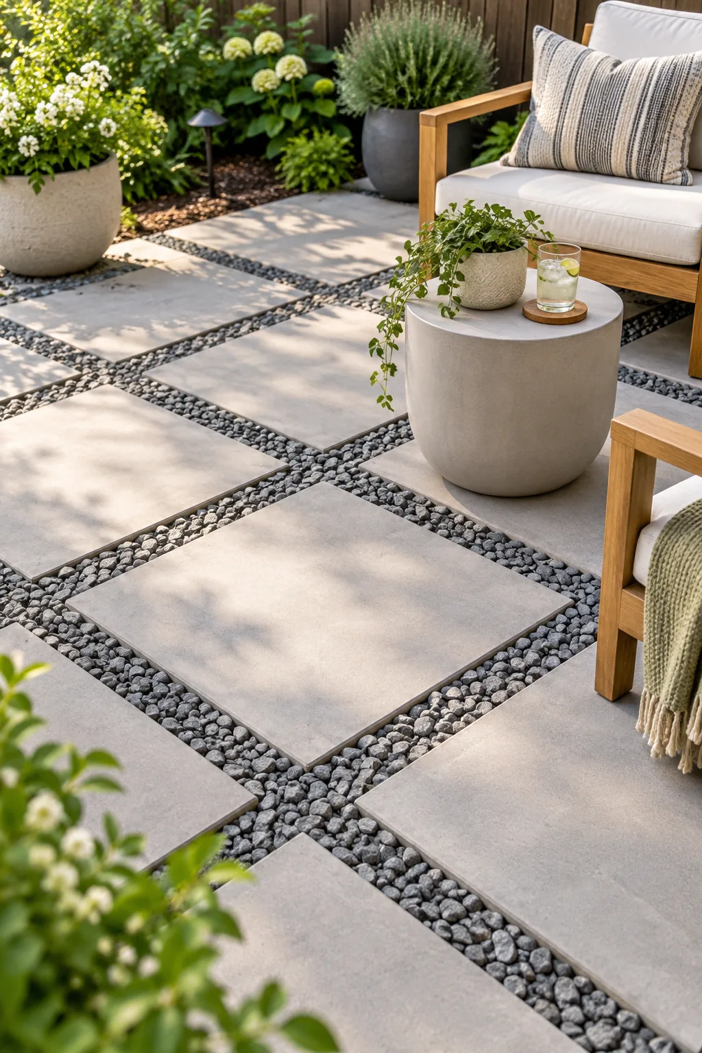 Clean grid of plain gray concrete pavers surrounded by small stones.
