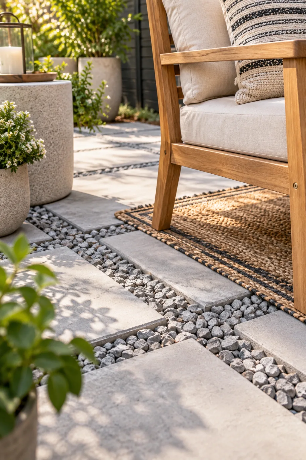 Overhead view of four square pavers separated by wide stone-filled gaps.