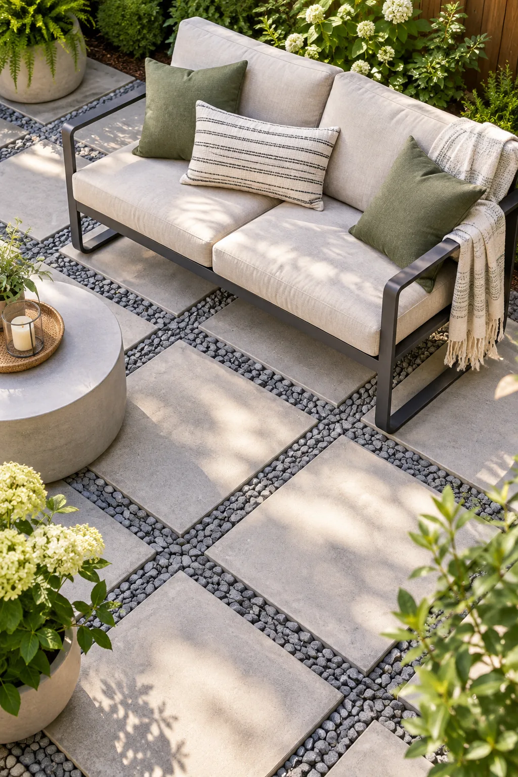 Outdoor chair leg resting securely on crushed stone between concrete pavers.