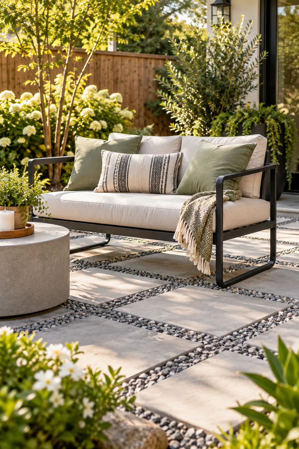 Modern outdoor loveseat with a sled base sitting on a paver patio.