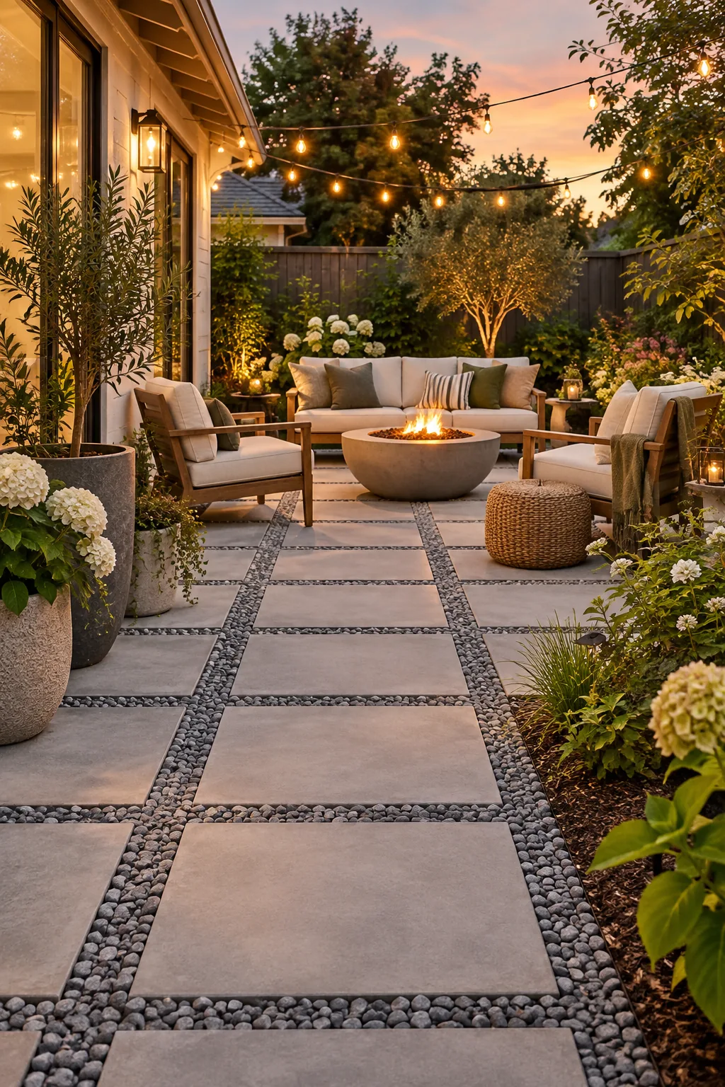 Pristine, weed-free paver patio surrounded by lush garden beds in dappled sunlight.