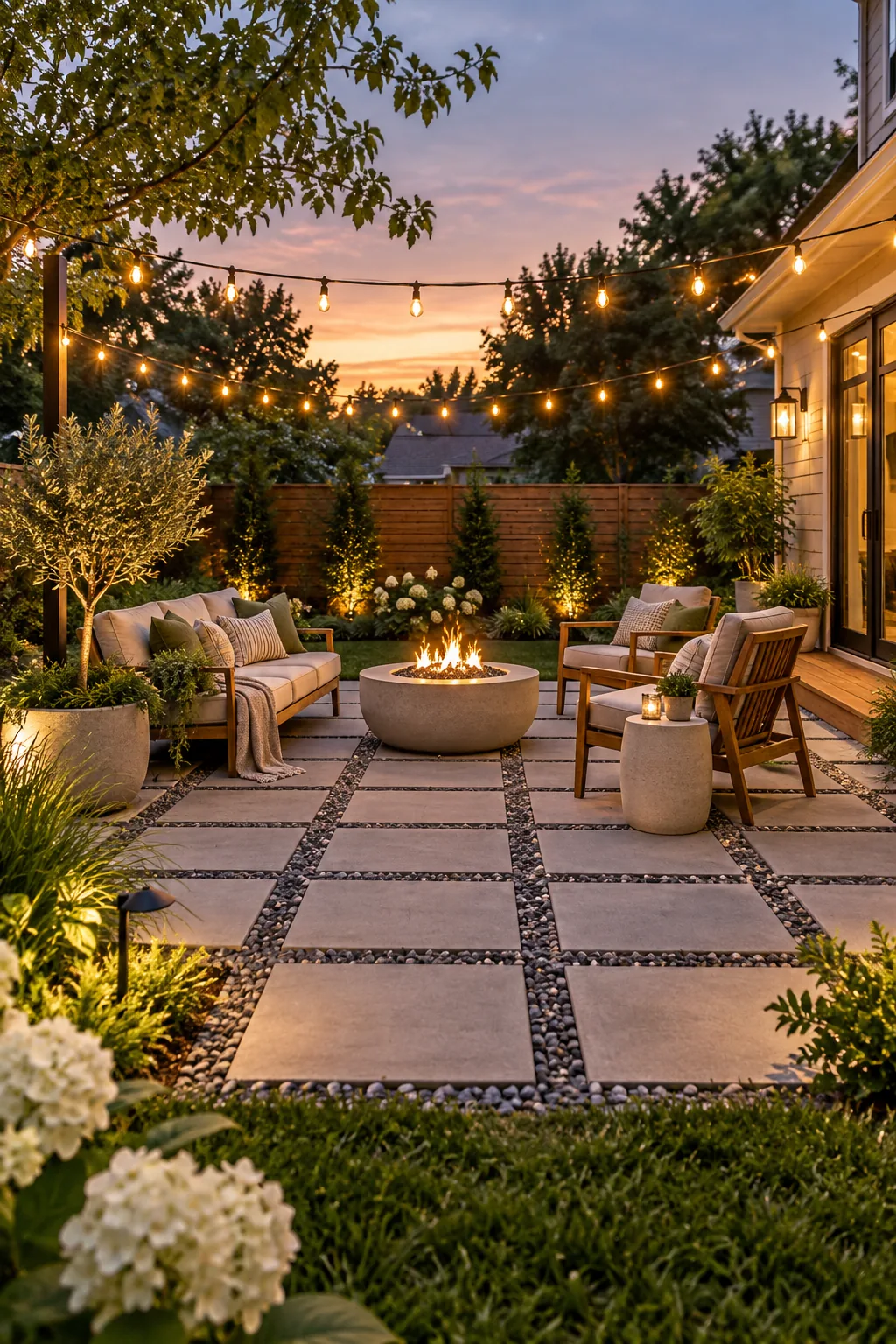 Fully styled paver patio with a fire pit and seating under string lights.