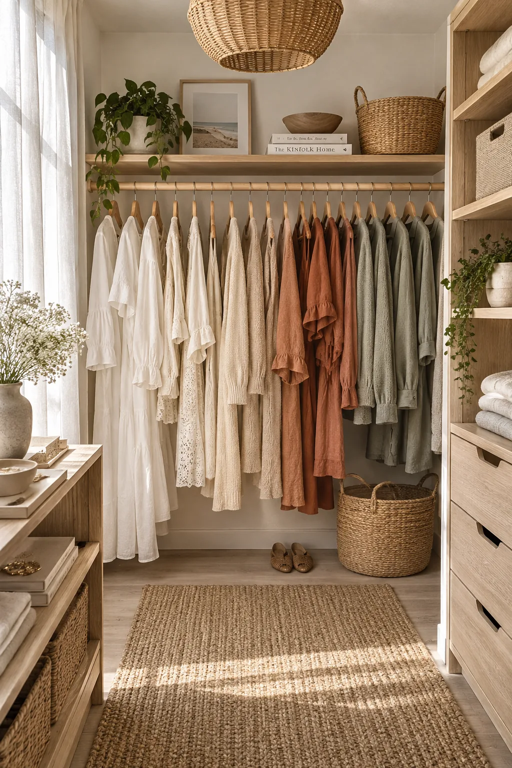 Clothing arranged by color on a closet rod