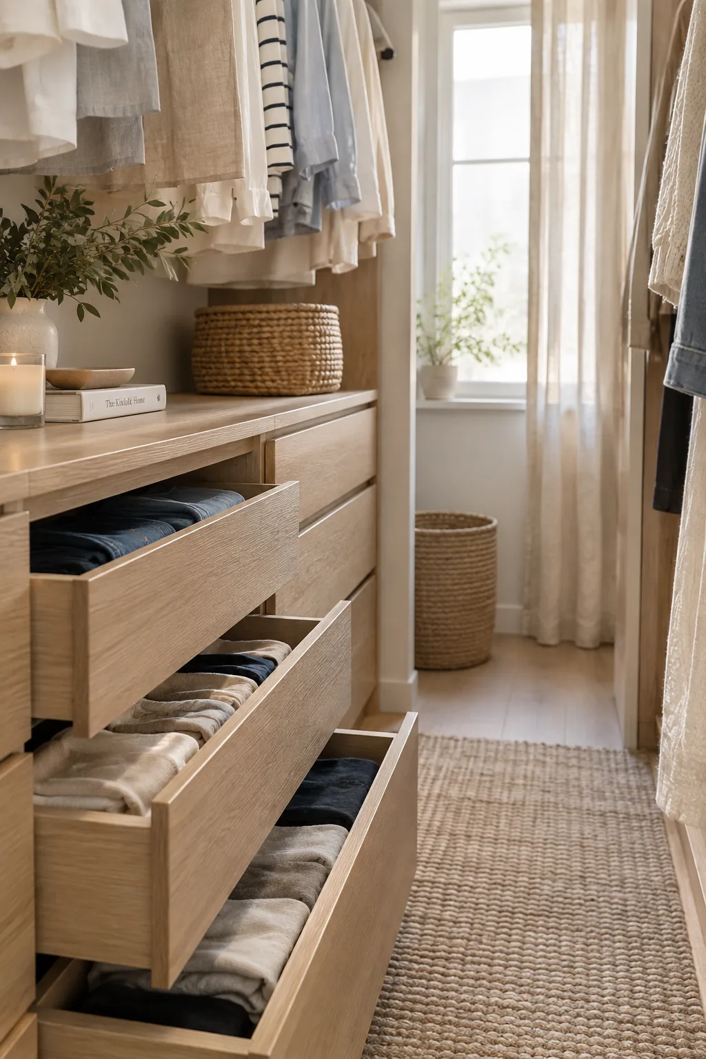 Small white dresser tucked under hanging shirts in a closet